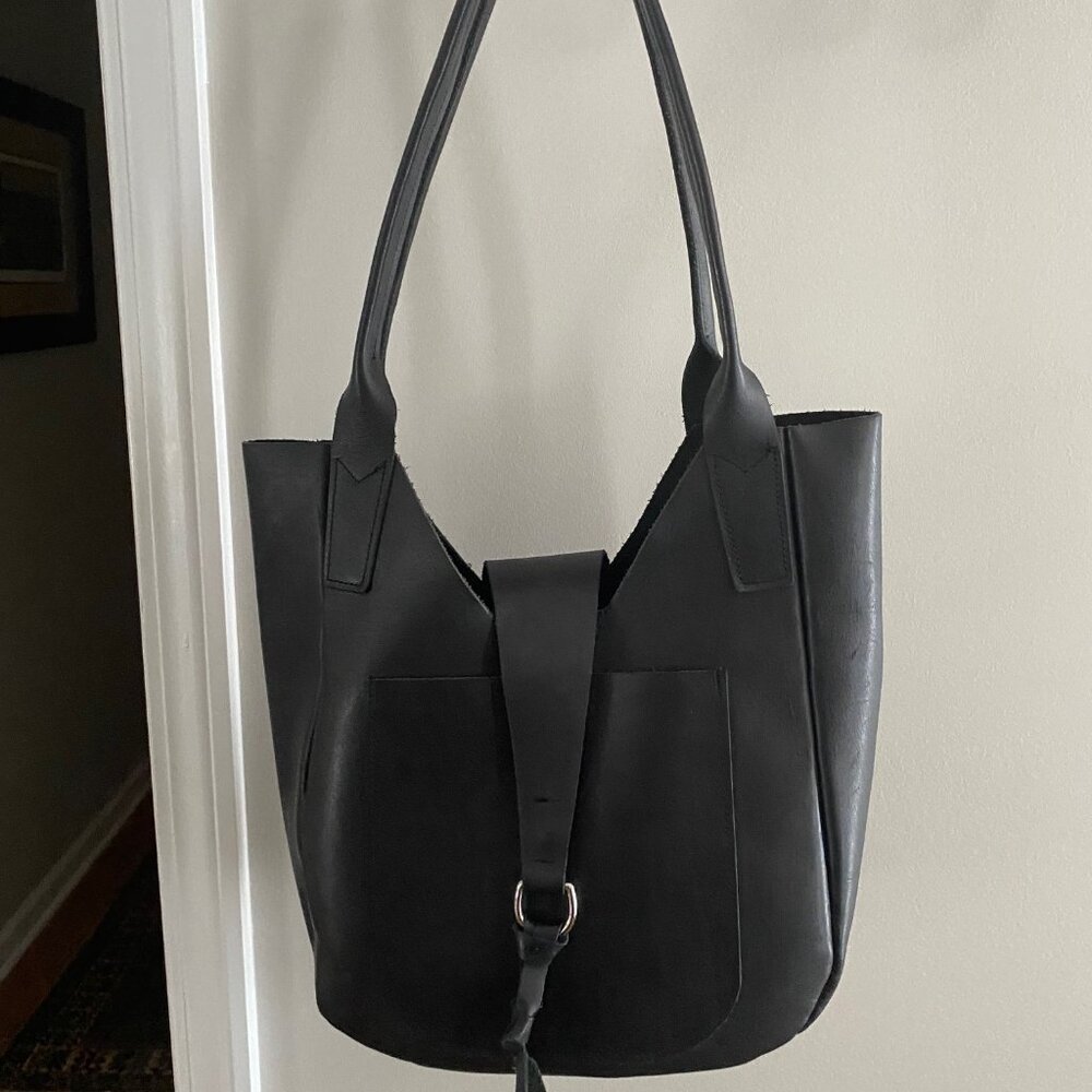 Black Leather Tote Handbag - Made to order by Bubo Handmade